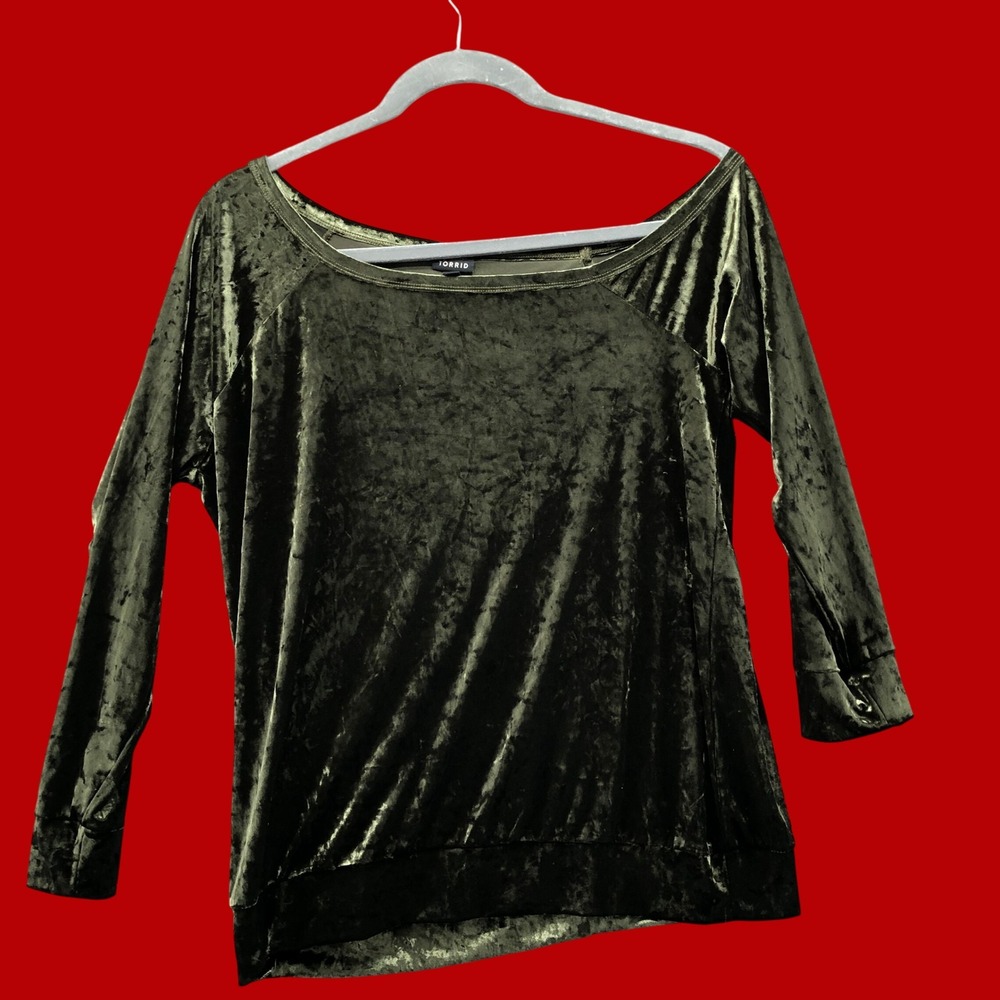 Torrid Olive Green Crushed Velvet Off Shoulder Top Womens 1X Whimsigoth Fairy